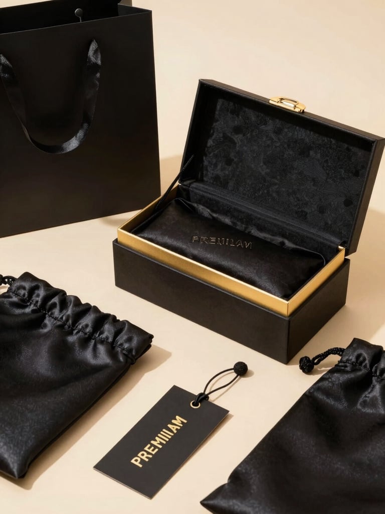 Premium black and gold custom wig boxes, satin bags, and embossed hang tags arranged elegantly