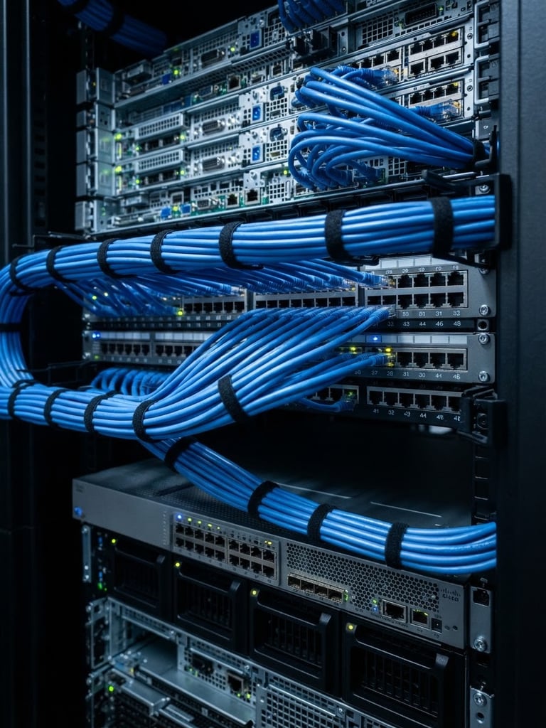 Macro close-up of a neatly routed server rack with pristine blue-lit ethernet cables, metallic grays, cool high-contrast lighting, 50mm