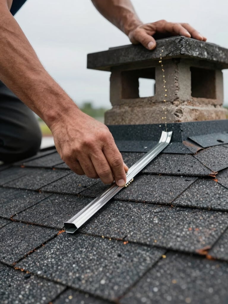 Close-up of a roofer's hands pressing a new flashing seam flat against a chimney base, sealant bead visible, overcast natural light, rooftop shingles in sharp focus in the foreground