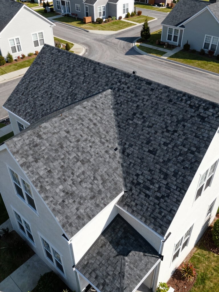Wide aerial drone shot from above, a fully completed asphalt shingle roof on a two-story suburban home, crisp new dark shingles, clean ridgeline and flashing, bright natural daylight, surrounding neighborhood visible at edges