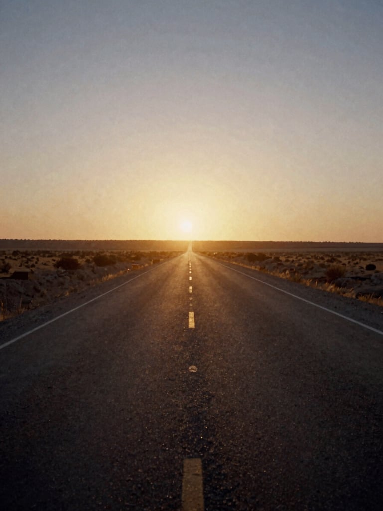 Cinematic wide shot of a dusty empty highway stretching into a warm golden hour sunset, low horizon, vintage 35mm film grain.