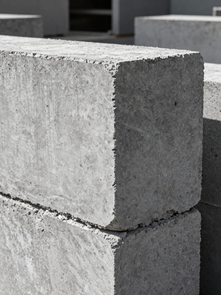 Close-up of high-density concrete blocks showing rough tactile aggregate texture, dramatic daylight highlighting the physical weight and structure, industrial curing chamber in the background