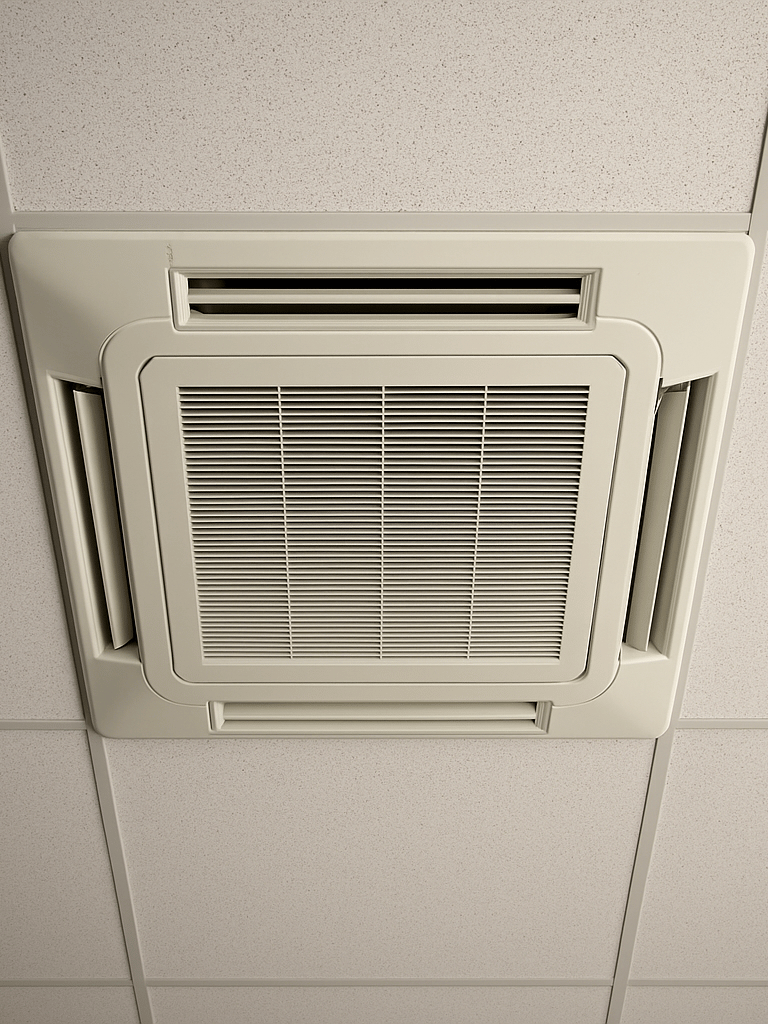Overhead technical view looking up at a cassette air conditioning unit flush-mounted in a suspended drop ceiling tile grid, white diffuser grille visible centered in the ceiling panel, neutral office lighting, sharp focus on the unit edges and ceiling grid lines, no people