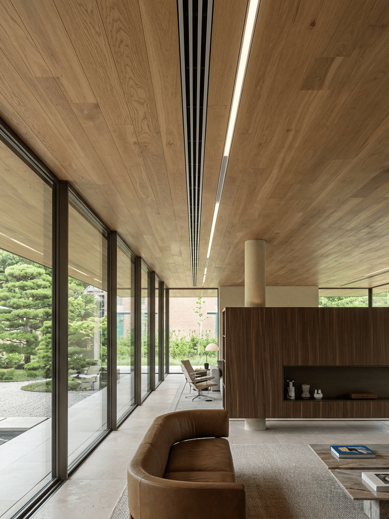 Interior de residência de alto padrão com sistema de climatização linear embutido no teto de madeira