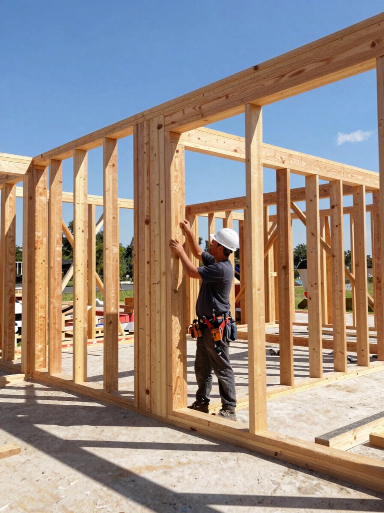 Portrait-oriented shot of a framing crew member securing a beam, focused, clean job site, hard hat visible, bright sunlight.