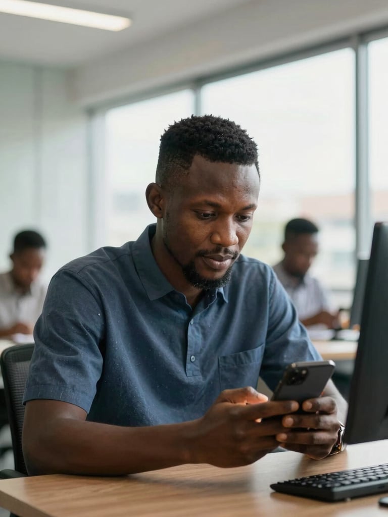Focused Cameroonian professional using a smartphone in a bright modern Douala office, natural daylight, medium close shot.