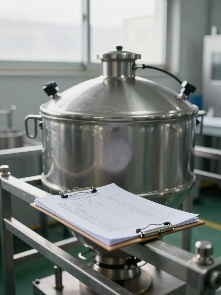 Industrial stainless steel mixing tank and production quality control clipboard in a factory.