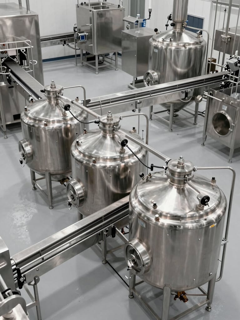 Wide overhead view of a food ingredient production facility interior, stainless steel processing tanks and conveyor lines in neutral studio light, clean industrial floor, no people, precise technical framing
