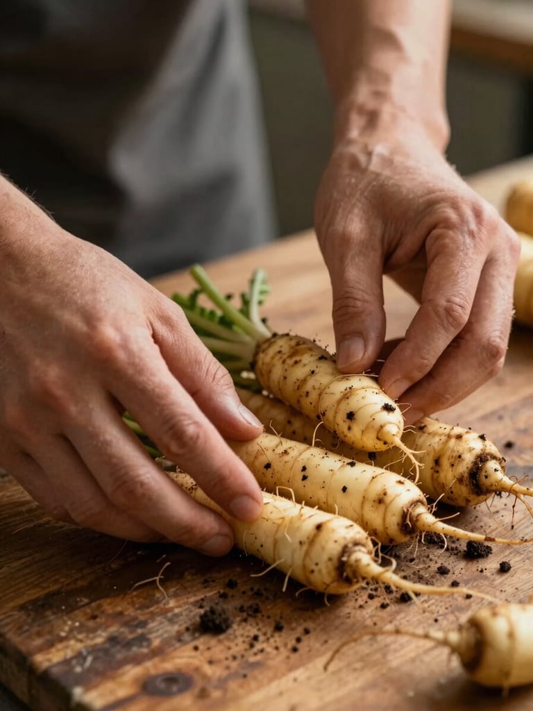 Close-up of two hands arranging freshly harvested root vegetables on a weathered wooden prep table, warm tungsten kitchen light from the side, soil still visible on the vegetables, shallow depth of field