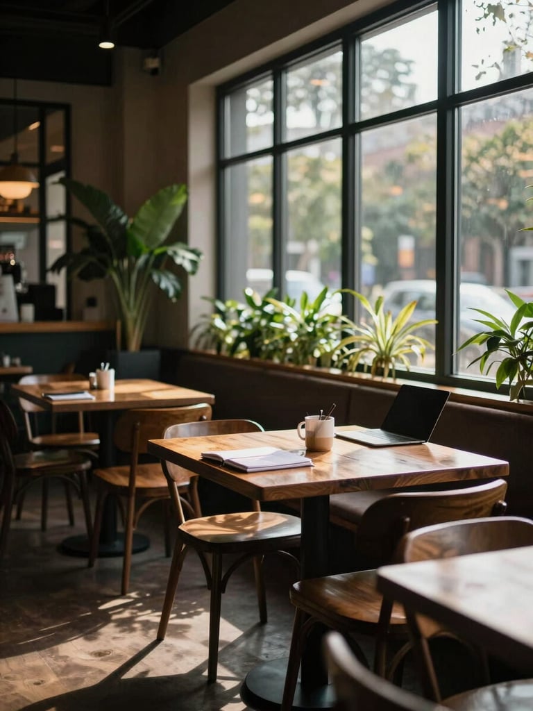 Wide environmental shot of a small restaurant dining room during off-hours, empty wooden tables with afternoon light streaming through tall windows, a notebook and laptop open on one table, forest green plants in the corner