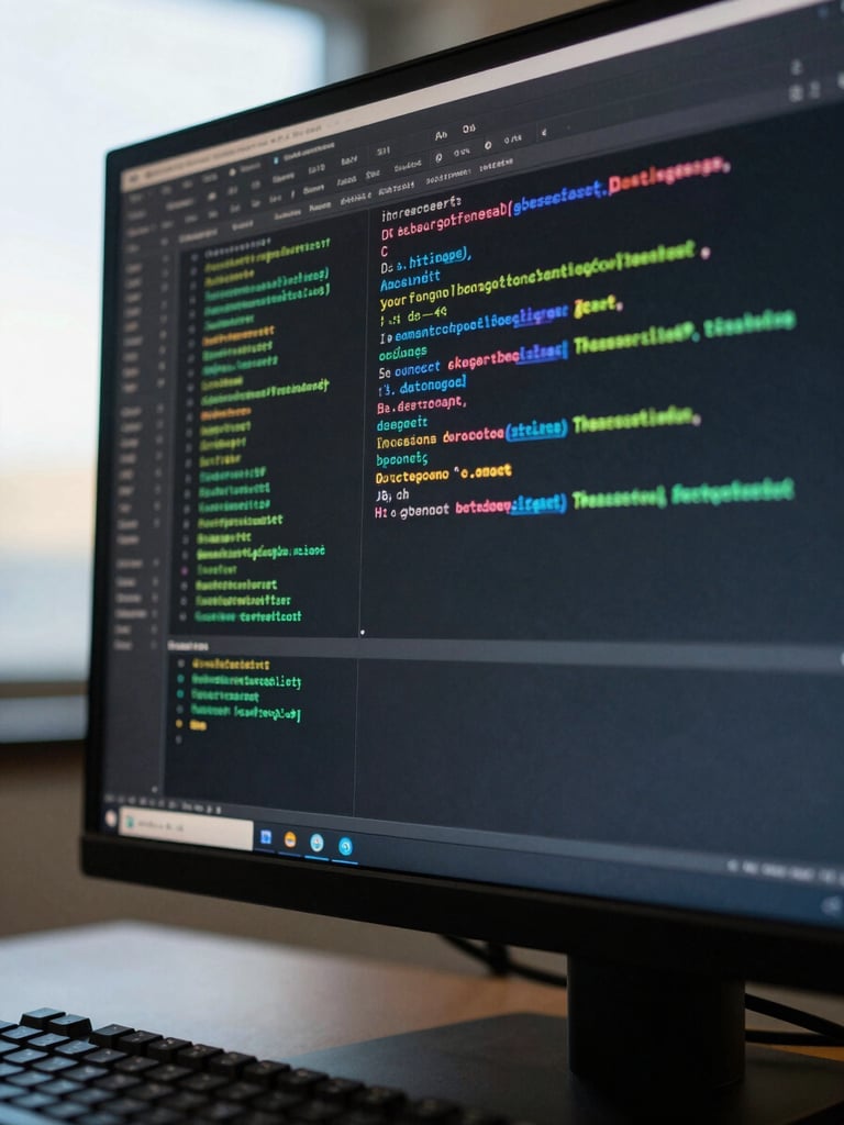 Close-up overhead shot of a terminal window on a dark monitor, agent output logs scrolling in monospace text, a mechanical keyboard edge visible at the bottom, even north-facing daylight from the left