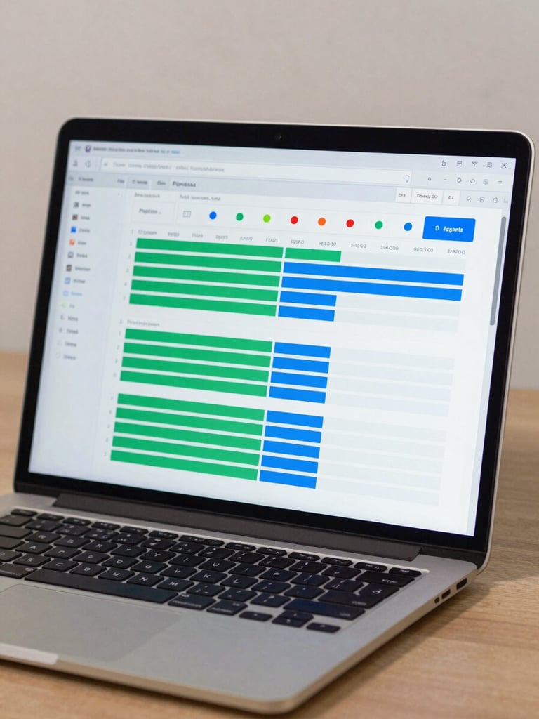 Medium shot of a laptop screen showing a data pipeline dashboard with agent status indicators, green and blue rows of automation logs, desk surface partially visible, clean even studio light