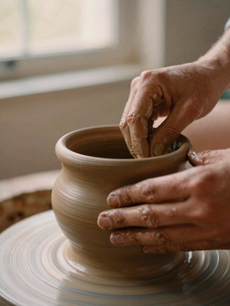 Close-up of hands shaping a terracotta clay pot, soft natural window light, shallow depth of field, warm earthy tones, 35mm film texture.