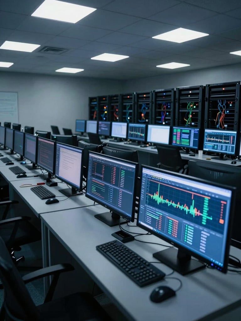 Wide shot of a dimly lit network operations center — rows of monitors displaying threat dashboards and live traffic graphs, cool blue-white screen glow reflecting off server racks, no staff visible, overhead fluorescent grid casting clinical light on dense cabling runs