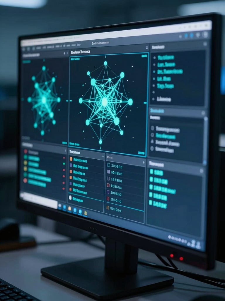 Extreme close-up of a threat-detection dashboard on a dark monitor, cyan-highlighted anomaly indicators and network node alerts visible mid-scan, cool blue desk-side illumination, screen glow the only light source in a dim operations environment