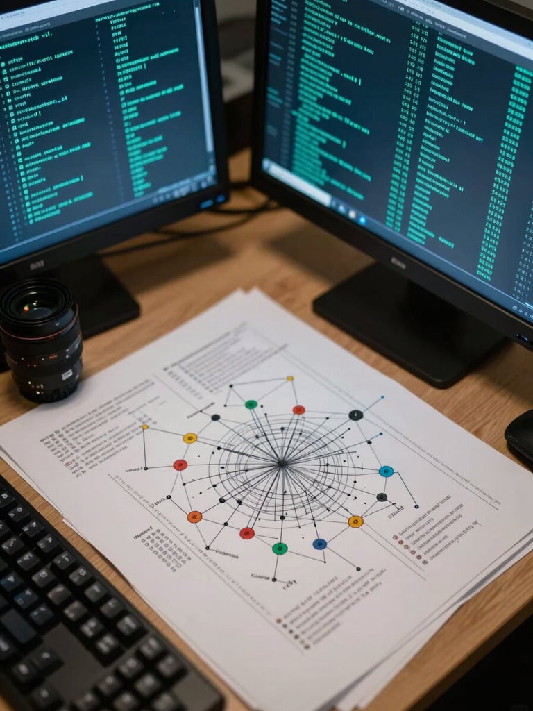 Extreme close-up flat-lay overhead of a security analyst's desk — terminal screen showing highlighted threat indicators in cyan on dark background, printed network topology diagram with hand-annotated risk nodes, mechanical keyboard edge visible, cool desk lamp casting clinical white light on dense technical notation