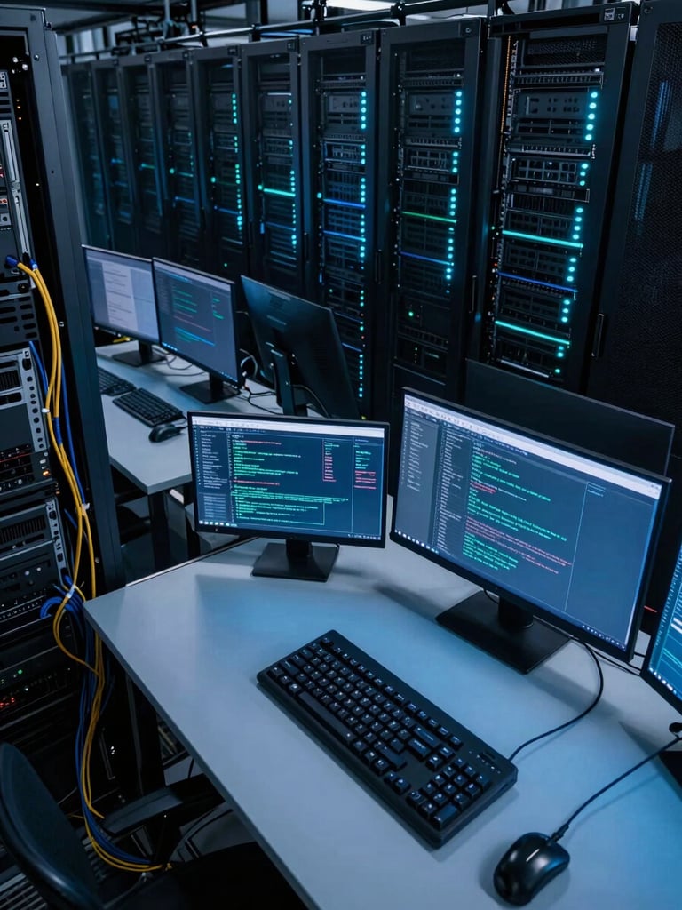 Wide overhead flat-lay of a dense server rack environment, terminal windows with highlighted threat indicators visible on an adjacent monitor, cool blue desk-side illumination, cabling in sharp focus on the left edge, dark background with subtle electric cyan glow from active status LEDs