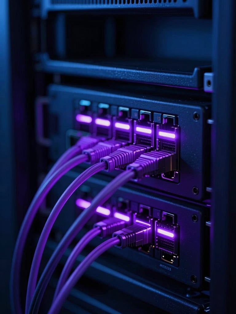 Macro close-up of a high-end enterprise server rack, glowing violet network data lines blinking, cool blue ambient light, shallow depth of field, sharp focus, cinematic technology photography
