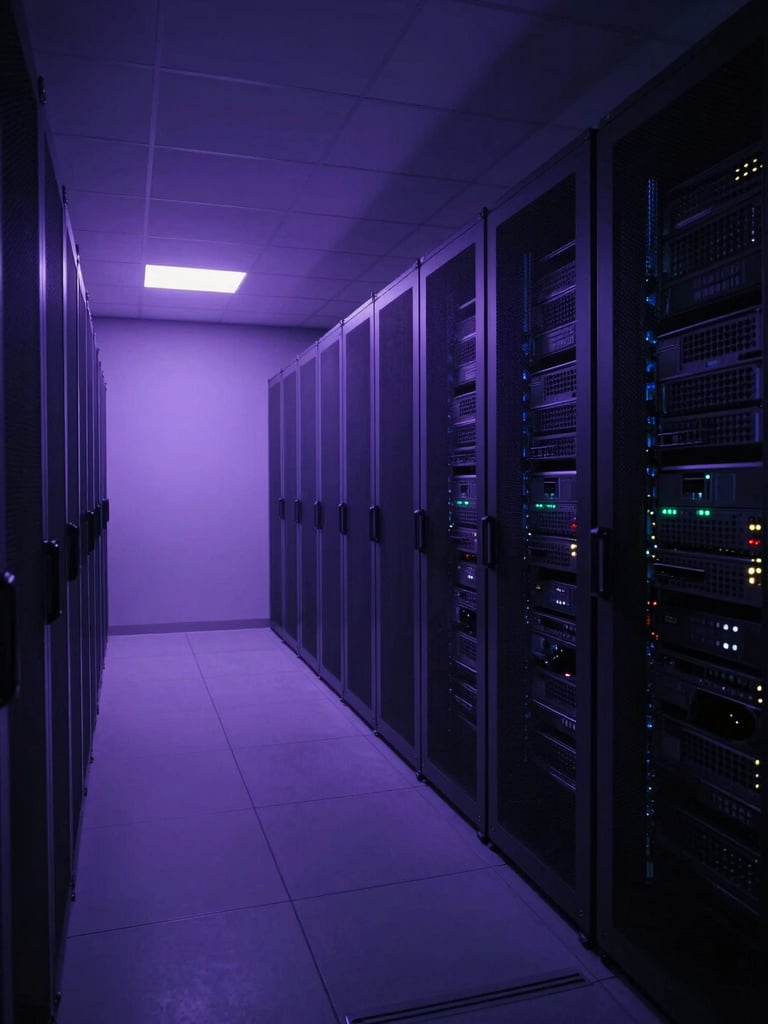 Cinematic wide angle of a clean architectural office server room, soft violet ambient glow, low-key lighting, sharp focus, 35mm anamorphic lens