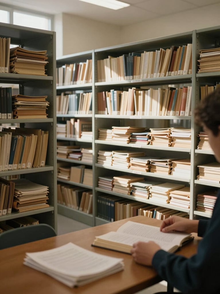 Wide interior of an institutional archive room, natural north-facing light falling across open shelving of bound documents and folders, a researcher's hands visible mid-frame turning pages at a wooden table, warm ambient institutional lighting, no posed figures