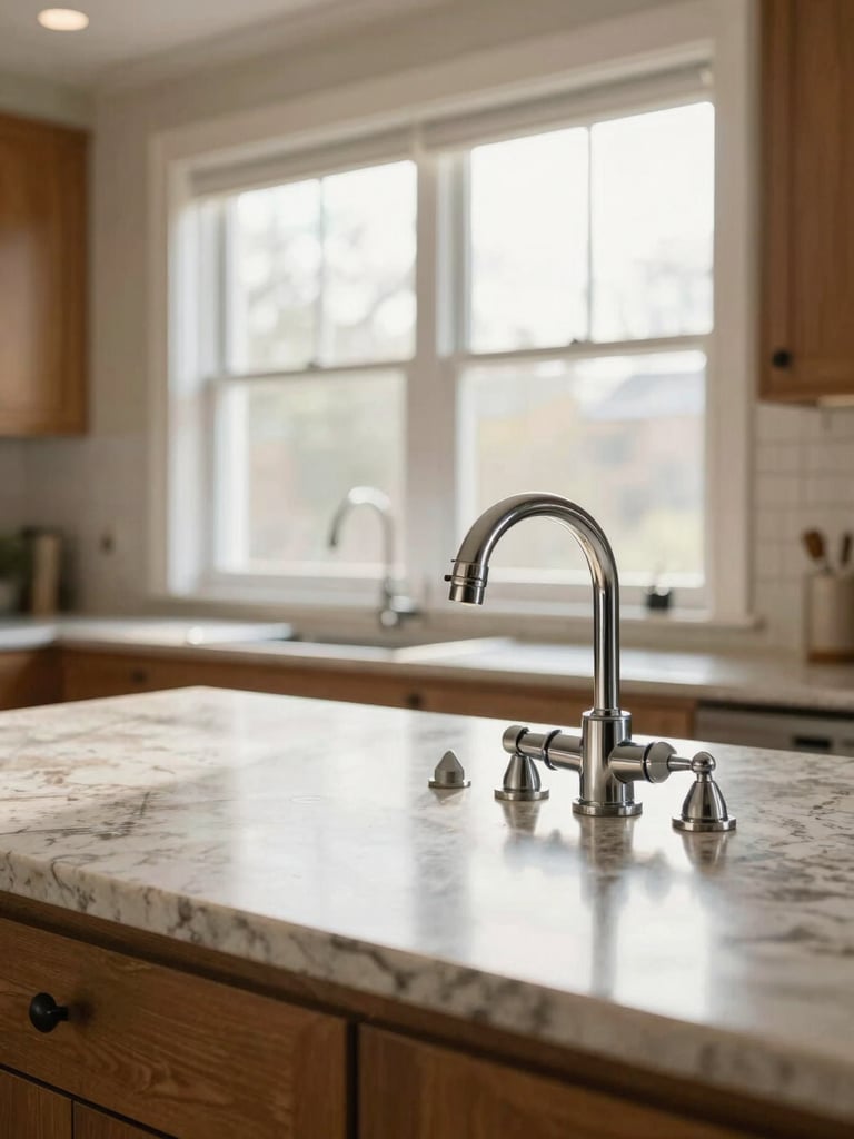 Wide portrait framing of a residential kitchen after professional cleaning — natural window light floods the counter, polished stone surface gleaming, no people, warm daylight from the right, spotless chrome fixtures in sharp focus