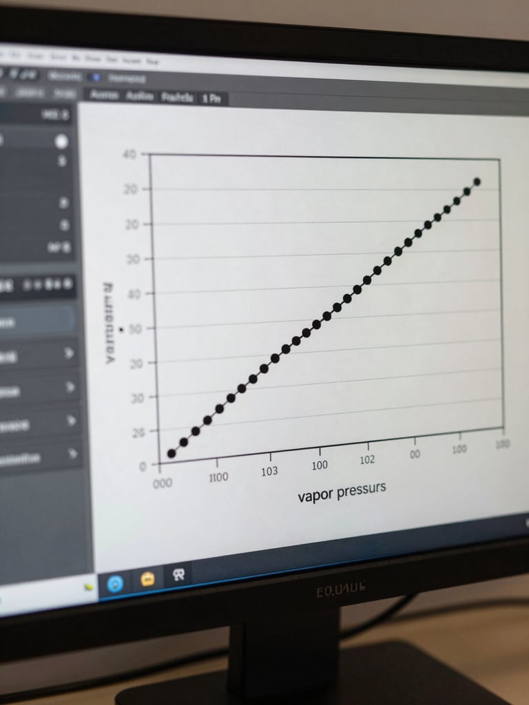 Close-up of a computer monitor showing a clean vapor pressure vs. temperature plot with labeled axes and data points, app input panel visible at left edge, neutral studio light, precise technical framing