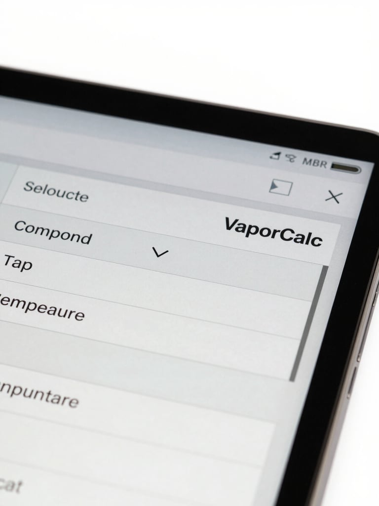 Close-up screenshot of VaporCalc input panel showing compound selector dropdown and temperature range fields, clean UI on white background, neutral studio lighting, precise typography, no decorative elements