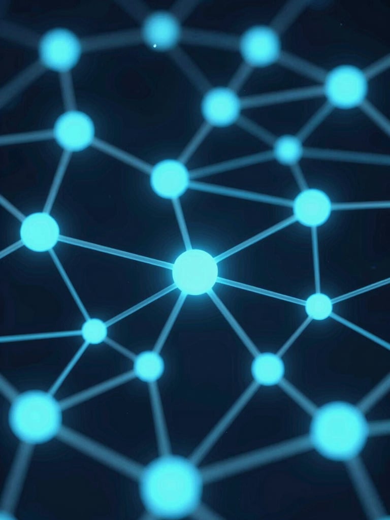Sleek 3D render of interconnected glowing data nodes, low-key futuristic lighting, deep navy and electric cyan tones, macro depth of field