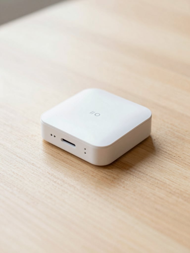 A close-up flat-lay of a compact physical wireless node device sitting on a clean wooden tabletop under soft daylight