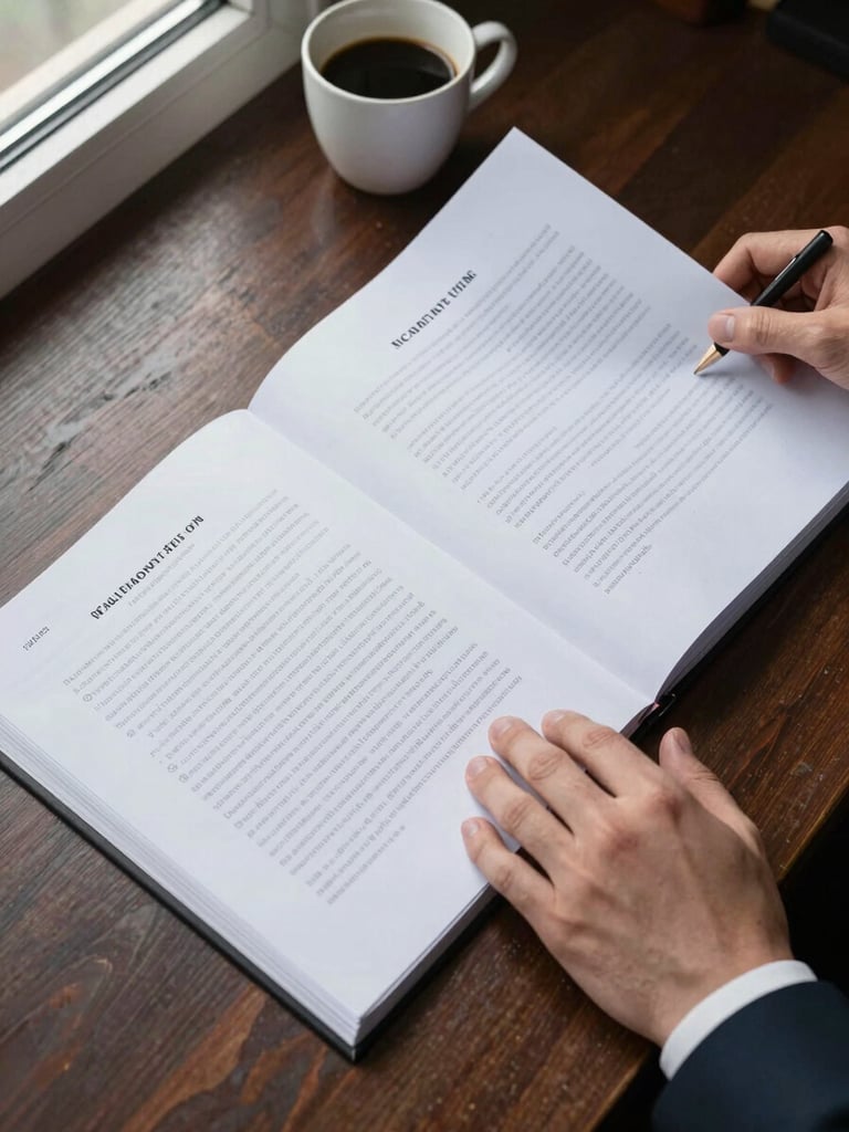 Close overhead shot of a lawyer's desk: open case files being organized by a pair of hands, a ceramic coffee cup at the corner, natural window light from the left, dark wood surface visible between documents