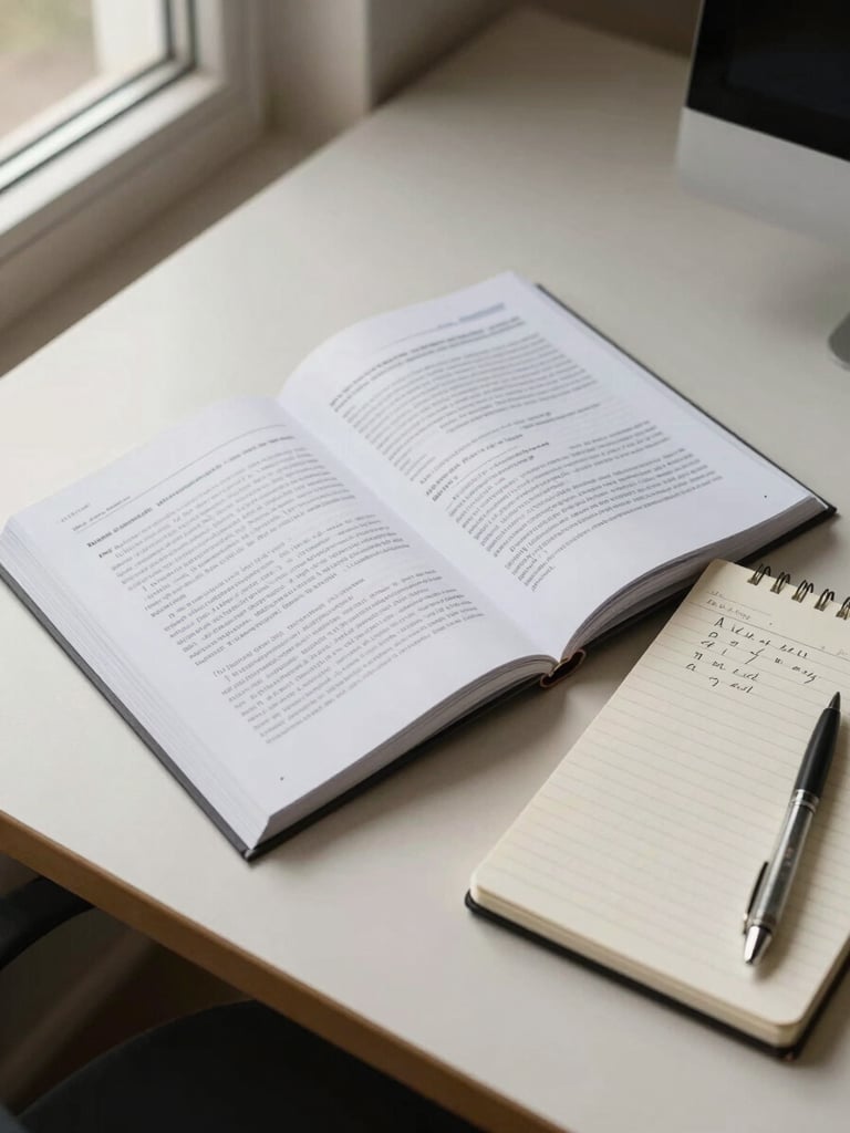 Overhead shot of an organized desk: a printed legal guide open beside a notepad with handwritten annotations, natural window light from the left, muted cream and brown tones, no people visible