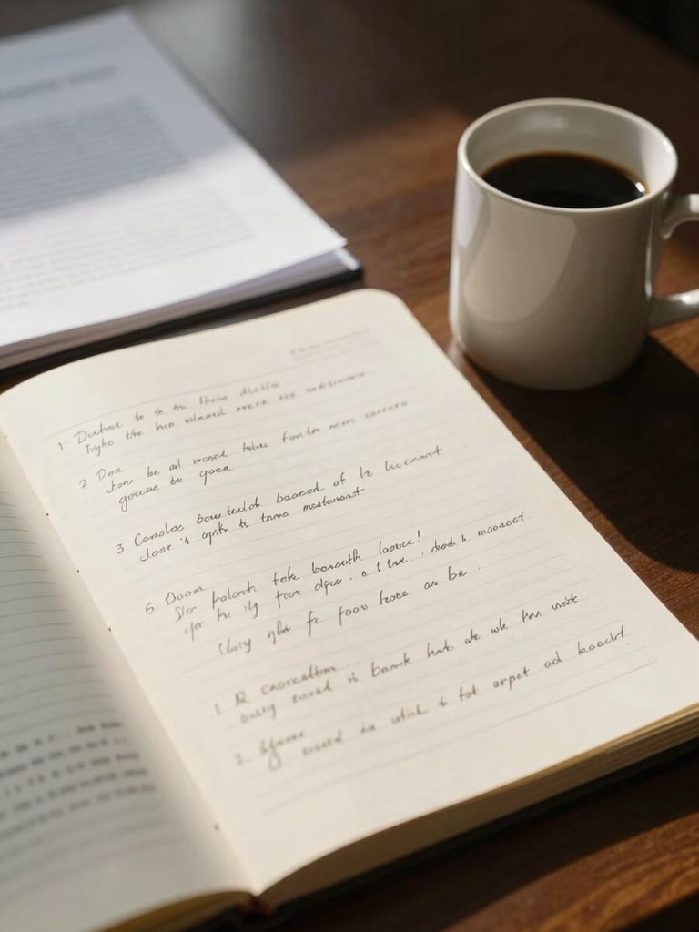Close-up overhead of a lawyer's desk: open case files, handwritten notes on a legal pad, a ceramic coffee mug to the side, natural north-facing window light casting soft shadows across cream paper