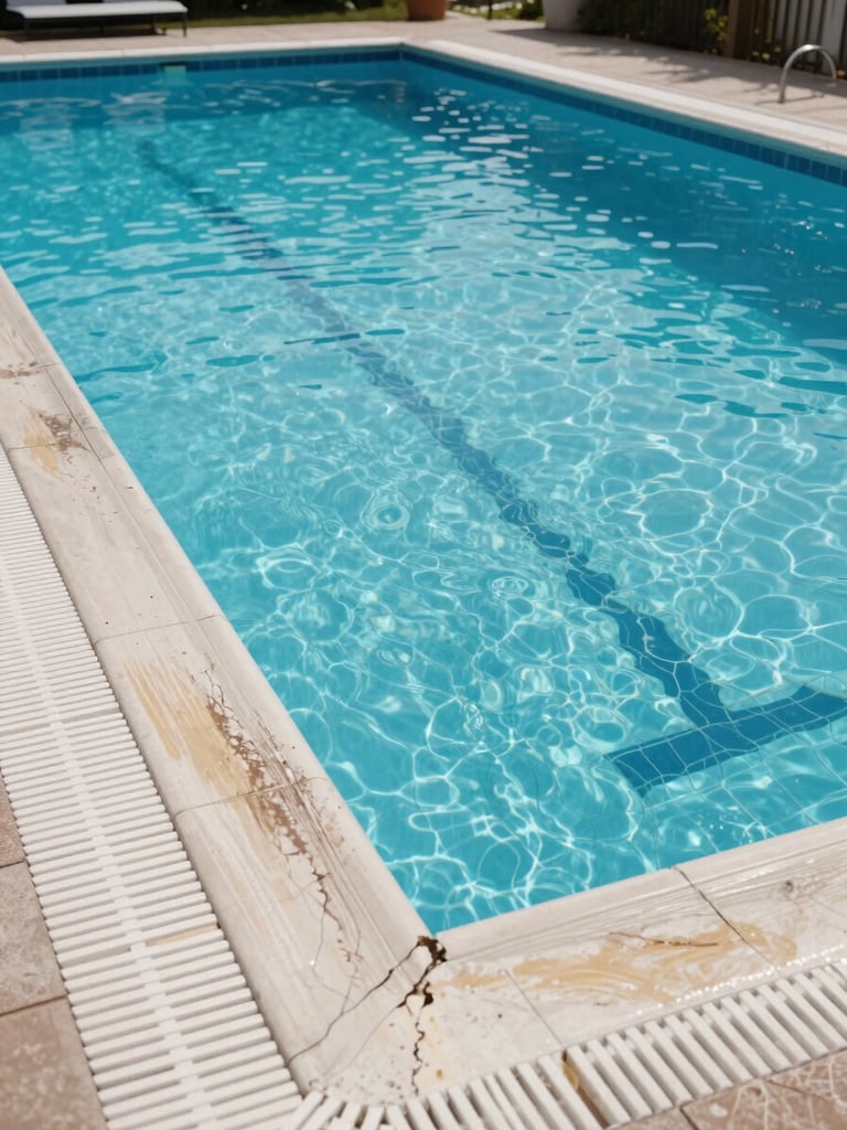 Wide environmental shot of a large outdoor community swimming pool with visible surface deterioration — efflorescence streaks along the waterline tiles, hairline cracks in the pool deck, overcast Mediterranean daylight revealing texture of damage, shot at eye level from the pool edge, no people, no lifestyle props