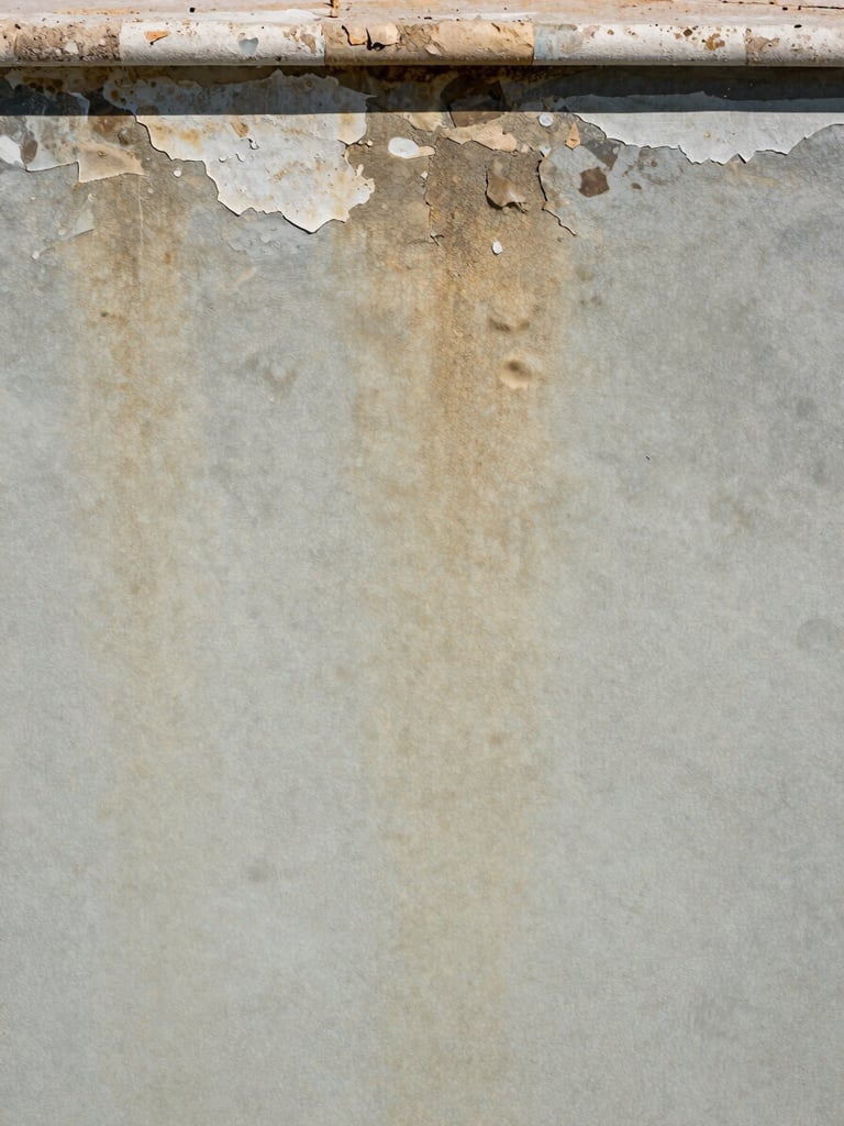 Close-up of a deteriorated pool interior surface showing efflorescence and delaminating plaster under flat Mediterranean daylight, tight environmental framing revealing the full extent of surface failure, no people, documentary style