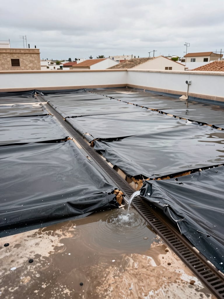 Wide environmental shot of a flat rooftop terrace in Valencia showing active water damage, standing water pooling near a drain, cracked waterproofing membrane lifting at joints, overcast Mediterranean daylight, no people, sharp documentary framing showing full scope of deterioration