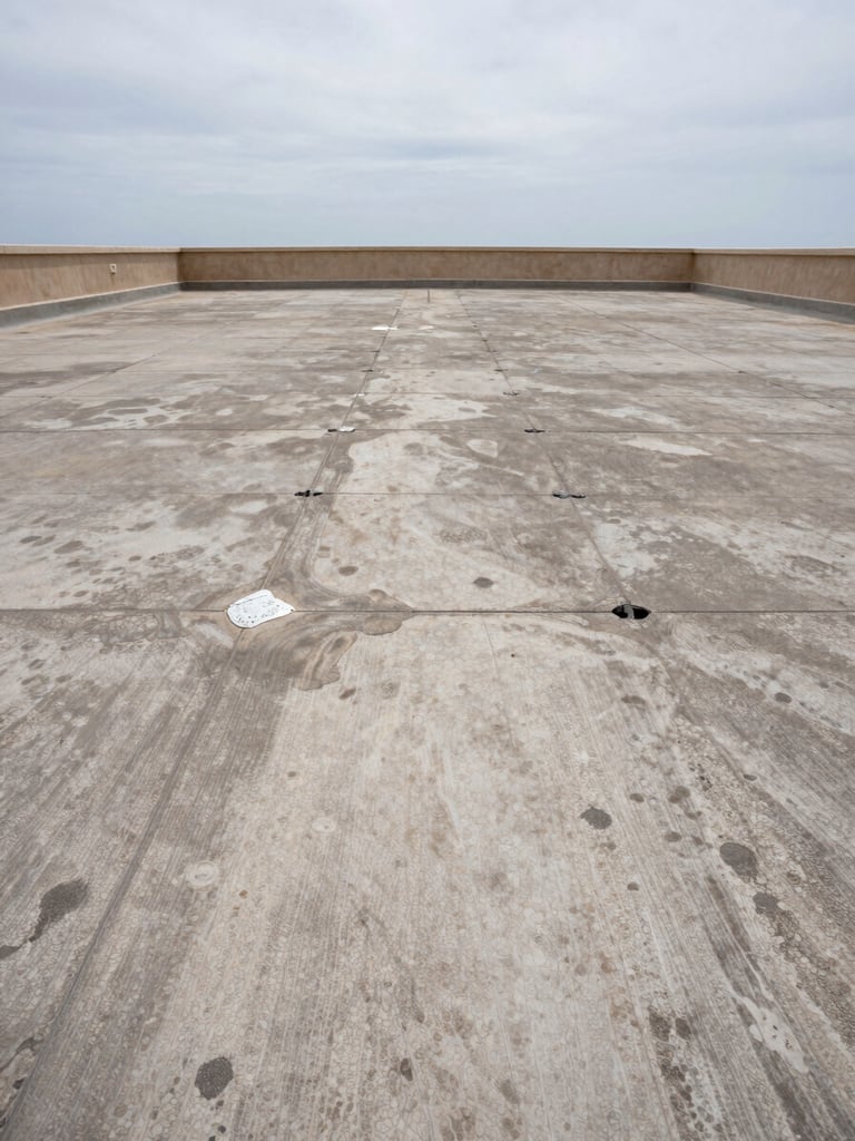 Wide environmental shot of a flat rooftop terrace under overcast Mediterranean sky, visible water staining and membrane blistering across the surface, drainage points clogged, parapet wall at the far edge, no people, flat diffused daylight showing surface condition