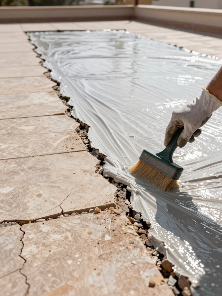 Wide environmental shot of a cracked terrace surface under flat Mediterranean daylight, efflorescence visible along a joint line, a gloved hand applying liquid waterproofing membrane with a brush, the scope of the damaged area clear in the background, no people visible beyond the working hand