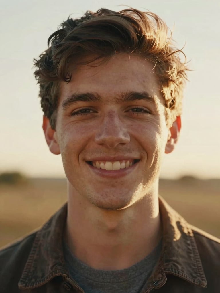 Close-up warm portrait of Trenton, a young man with a genuine, compassionate smile, backlit by golden-hour sun, nostalgic 35mm film style.