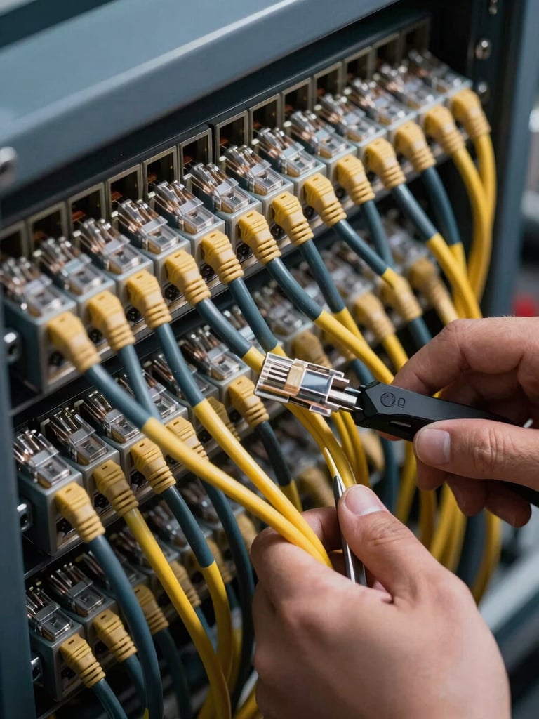 Close-up macro shot of neatly organized structured ethernet cables in a patch panel, hands of a technician with tools, high-contrast shadows, deep slate and amber tones, clean architectural composition, 50mm lens.