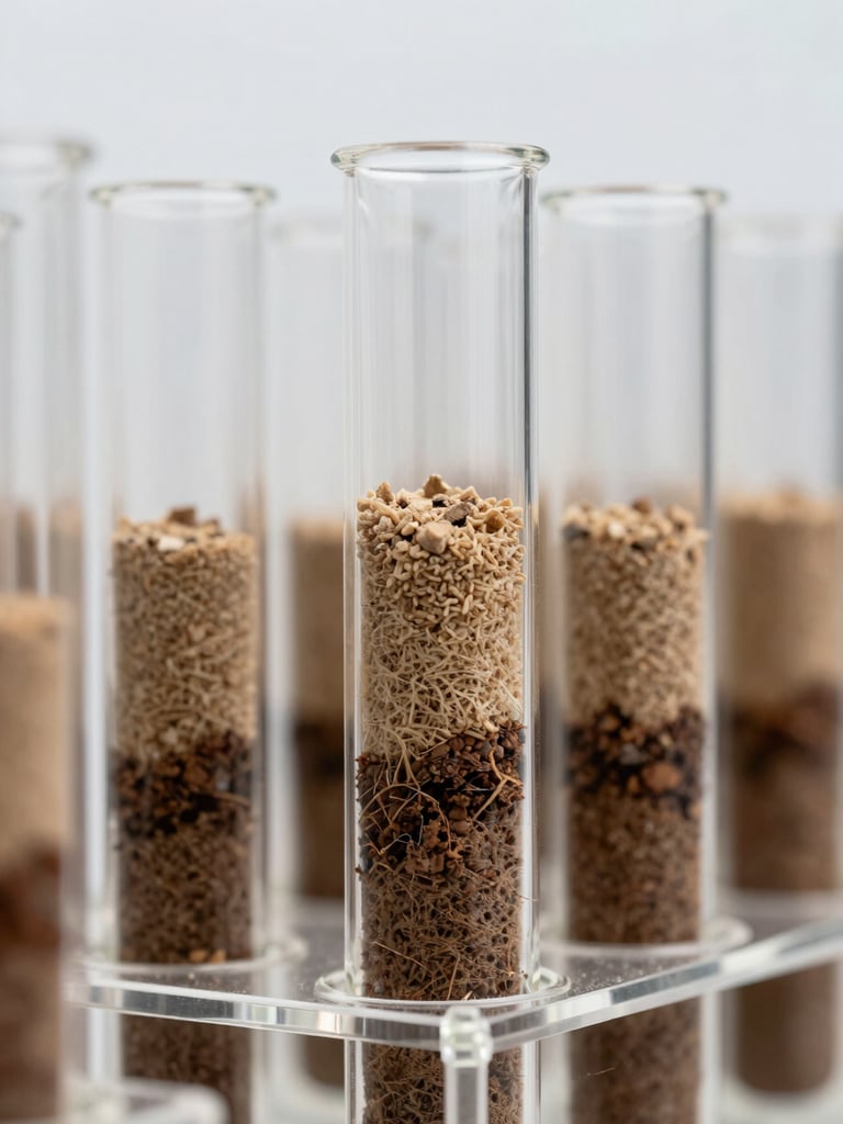 Close-up of stratified soil core samples inside a clear acrylic testing tube, showing layers of sand and clay, sharp focus, natural overcast light.