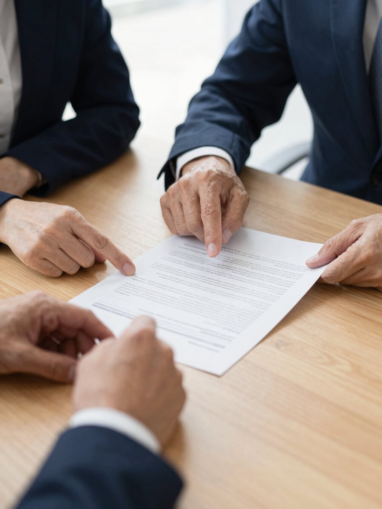 Close-up of hands of two generations reviewing a physical financial document together on a clean wooden table, natural soft overcast daylight, sober and professional atmosphere