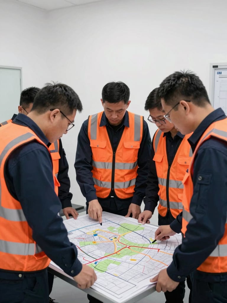 Professional team members in high-visibility field gear collaborating over a large tactical map in a structured office environment, crisp neutral white light, sharp focus, documentary photography, 35mm lens