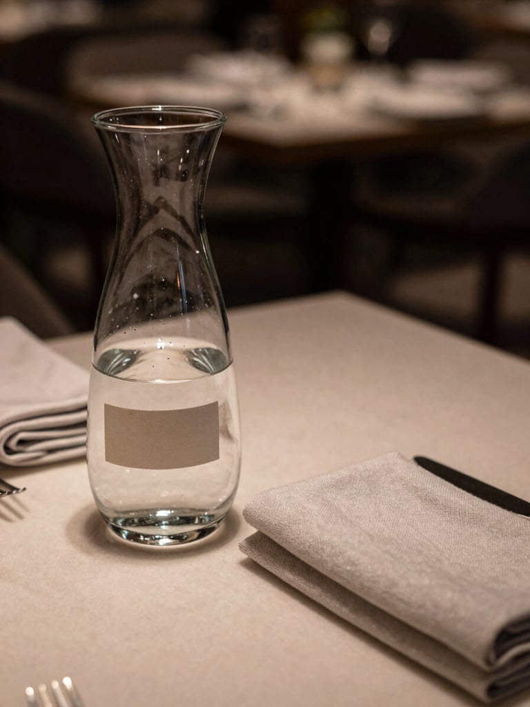 Close-up of a restaurant table, glass carafe with a simple label resting beside folded linen napkins, ambient dining room lighting, no people, muted warm tones