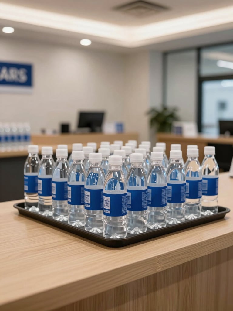 Wide angle of a real estate sales gallery reception desk, rows of identical branded water bottles lined up in a display tray, clean interior lighting, no people