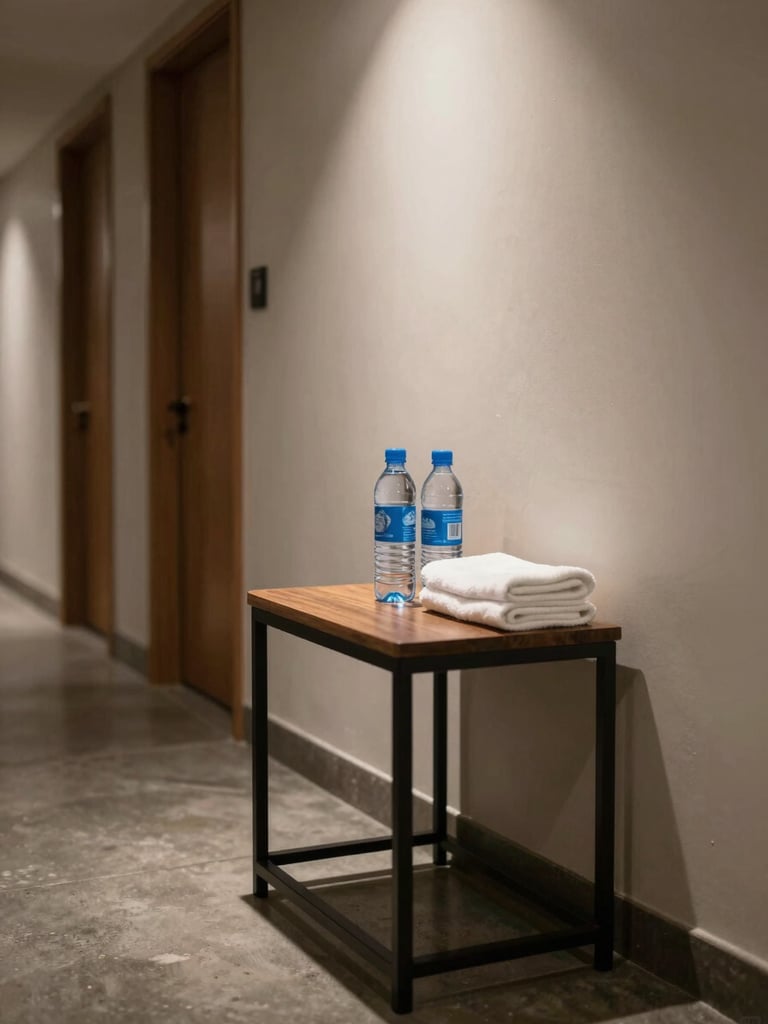 Wide shot of a hotel corridor side table, two small branded water bottles placed precisely beside a folded towel, facility lighting from above, no people, concrete floor visible