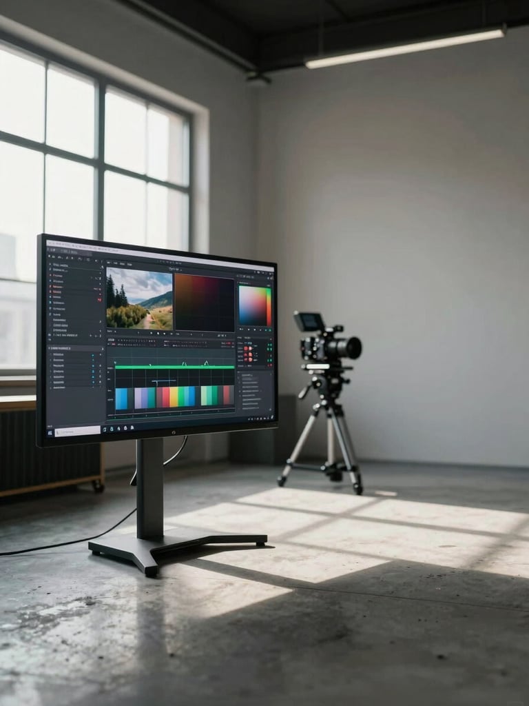 Wide environmental shot of a working creative studio interior — large monitor displaying a color-grade timeline at center-left, camera equipment on a stand in the background, soft north-facing window light raking across a concrete work surface, no people visible, generous negative space to the right edge