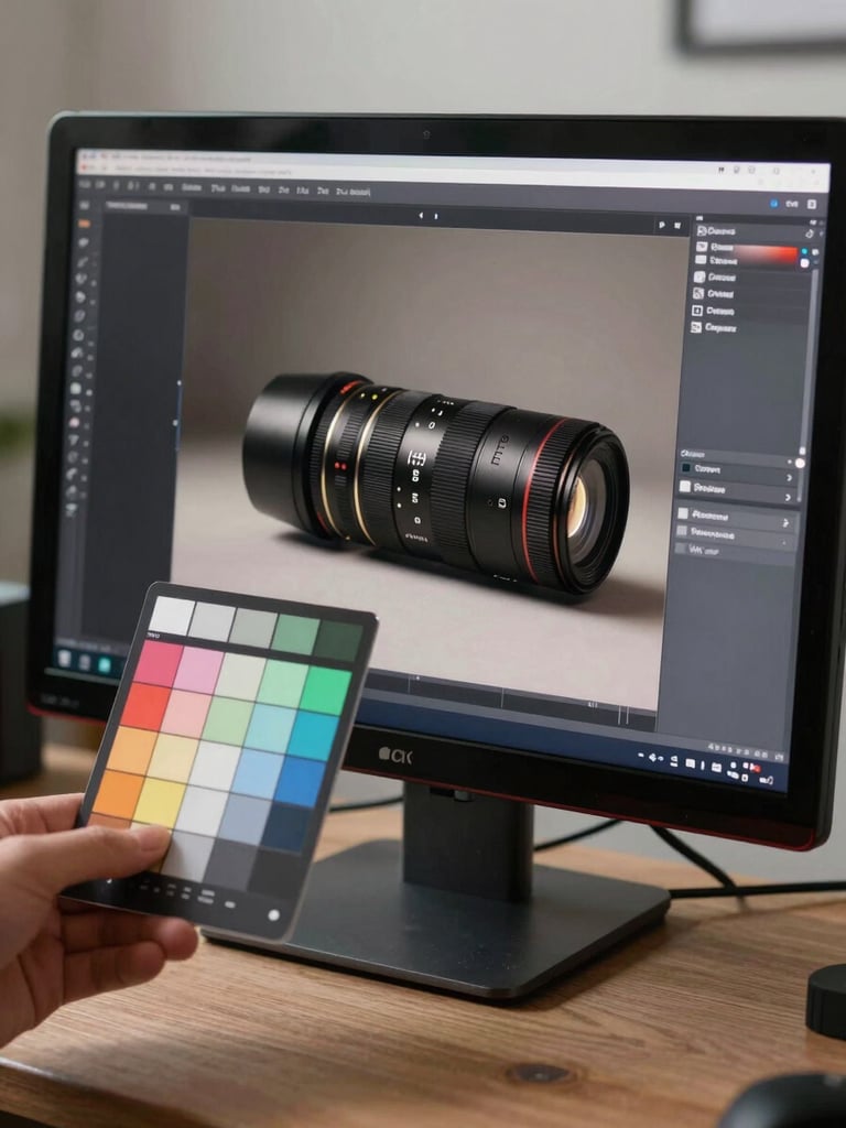 Tight crop of a studio monitor displaying a color-corrected campaign image, a hand holding a color reference card beside the screen, even north-facing daylight, precise and editorial