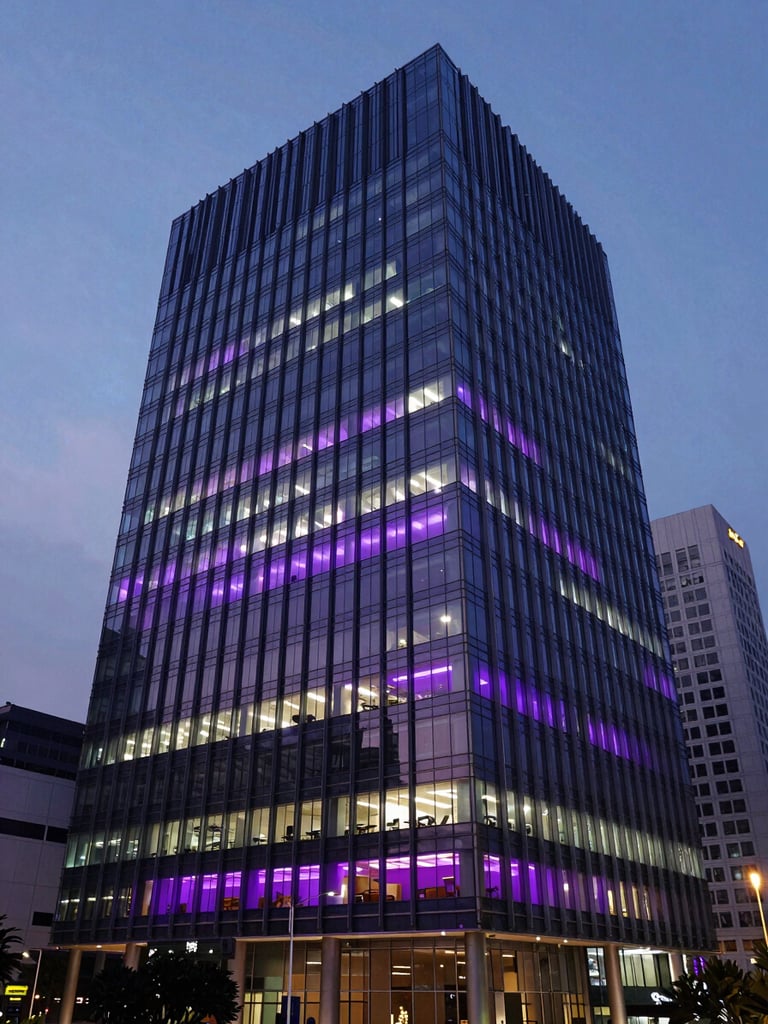 Structured wide angle of a modern Jakarta financial district office building at dusk, cool ambient twilight, subtle purple and magenta interior lighting visible through glass windows, 35mm lens.
