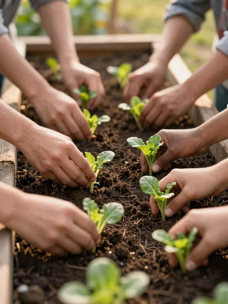 Candid shot of diverse hands planting green vegetable starts in a rich soil community garden bed, warm golden hour light, shallow depth of field