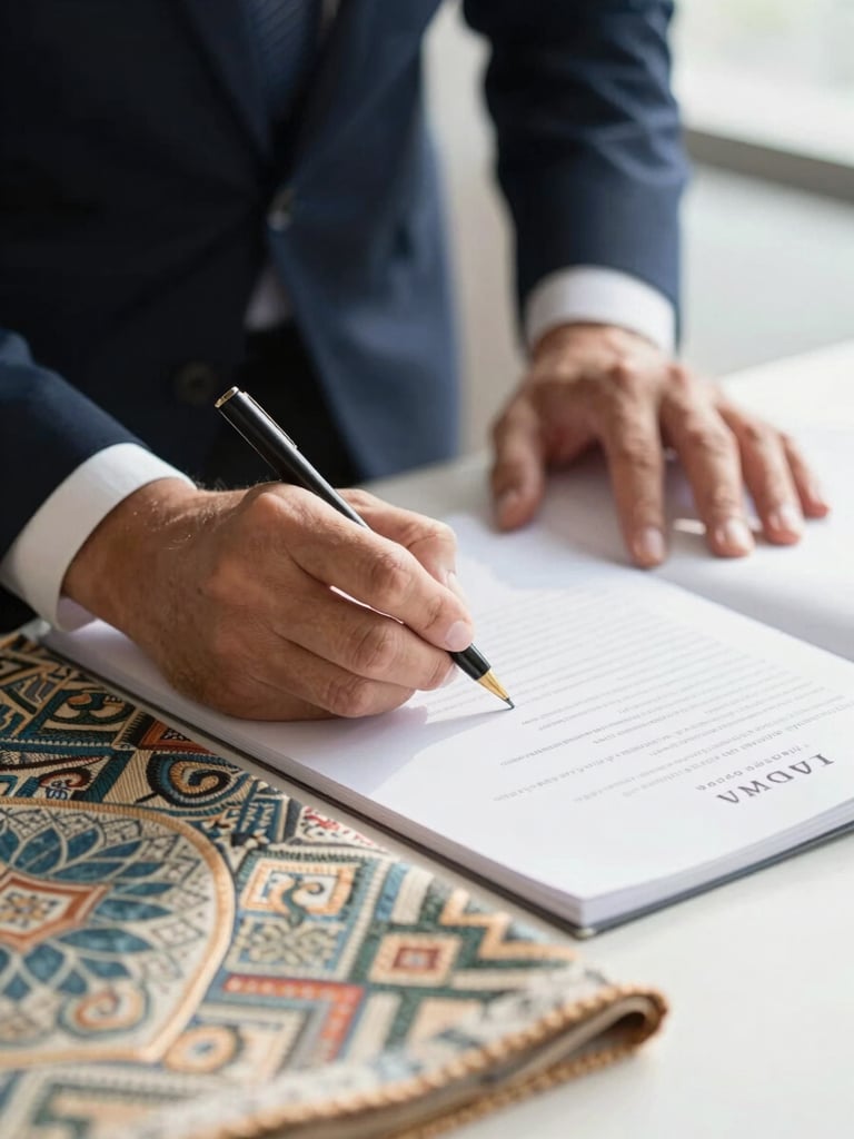 Close-up of a corporate alliance signing ceremony, a professional signing documents with a high-quality artisanal textile piece visible on the table, bright natural light.